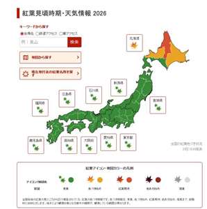 日本氣象協會公布2026年紅葉情報顯示，目前從南北海道到本州與九州地區，楓葉仍綠油油一片。(圖:tenki.jp)