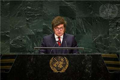 阿根廷總統米雷伊(Javier Milei)23日在聯大演說。(UN Photo/Loey Felipe)