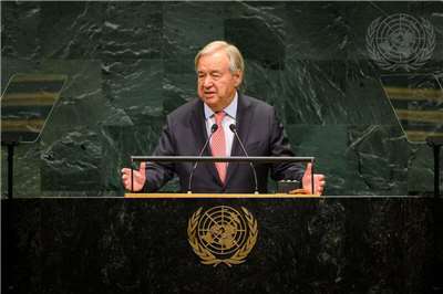 聯合國秘書長古特瑞斯(Antonio Guterres)22日在聯大開幕式上致詞。(UN Photo/Loey Felipe)