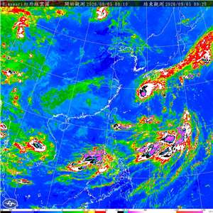 台灣與東北亞附近海域5日上午衛星雲圖。(中央氣象署提供)