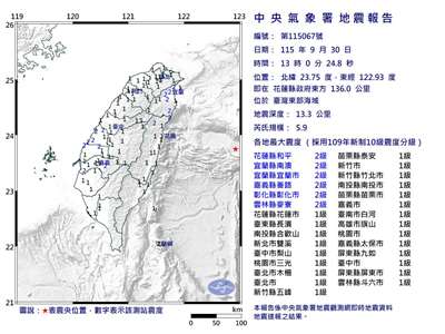 台灣東部30日發生規模5.9地震。(氣象署提供)