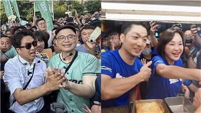 民進黨台北市長參選人沈伯洋與、台北市長蔣萬安19日都南下高雄，分別為賴瑞隆與柯志恩站台。合成圖。