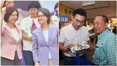 民進黨台中市參選人何欣純19日舉行大里霧峰後援會成立大會，副總統蕭美琴出席助講。國民黨台中市長參選人江啟臣到市場掃街，民眾送上喉糖，為他加油打氣。(合成圖/FB@何欣純/FB@江啟臣)