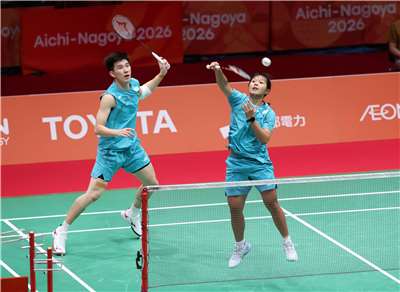 葉宏蔚、詹又蓁羽球混雙組合首次搭擋就闖進亞運4強，不只保底銅牌，更是台灣羽球代表隊睽違16年再有混雙晉級四強賽。(中華奧會提供)