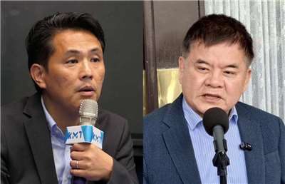 國民黨文傳會主委陳以信(左)批行政院違法動支凍結預算，形同無視立法院與預算法；民進黨團幹事長莊瑞雄(右)則稱行政院有不得已之處。資料合成照。