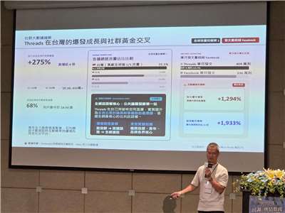 影響力數據公司董事長黎榮章實際分析社群平台Threads上的輿情，與民調結果相比較。(饒辰書 攝)