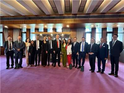 外交部政務次長吳志中(中)宴請義大利參議院副議長錢益友(Gian Marco Centinaio，左七)所率訪團 (外交部提供)