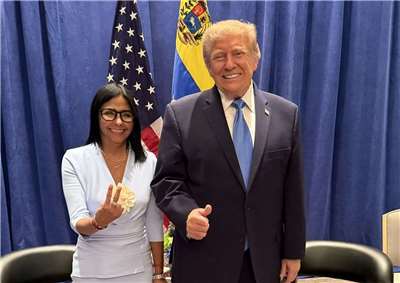 委內瑞拉臨時總統羅德里格斯(Delcy Rodriguez)22日在紐約會晤美國總統川普(Donald Trump)。 (圖:X@delcyrodriguezv)