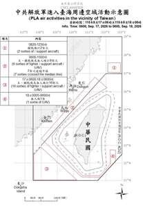 國防部指出，自17日上午8時45分起，15架次共機逾越台灣海峽中線進入台灣西南及中部空域，配合共艦，假所謂「聯合戰備警巡」之名，騷擾台灣周邊空、海域。(圖:國防部)