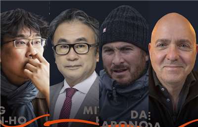 2026金馬電影大師課首波夢幻講師公布，奉俊昊(左起)、三谷幸喜、戴倫艾洛諾夫斯基、凱爾巴爾達重磅登台。(金馬執委會提供)