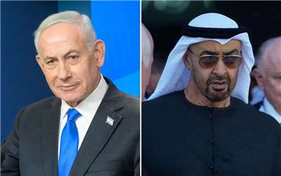 阿拉伯聯合大公國元首穆罕默德親王(Mohamed bin Zayed Al Nahyan)27日接待了來訪的以色列總理尼坦雅胡(Benjamin Netanyahu)。 (合成圖)
