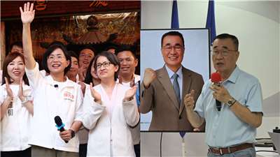 圖左為民進黨參選人蘇巧慧22日邀請副總統蕭美琴赴板橋後埔福德宮參香；圖右為國民黨新北市長參選人李四川公布交通政見。合成圖。