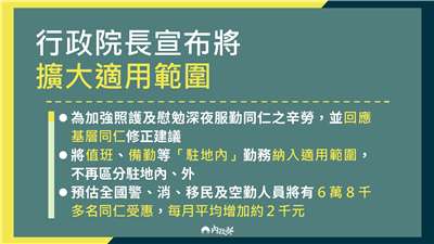 內政部10日宣布，「深夜危勞勤務津貼」適用範圍擴大的正式施行日期預計落在明年1月1日。(圖：內政部)