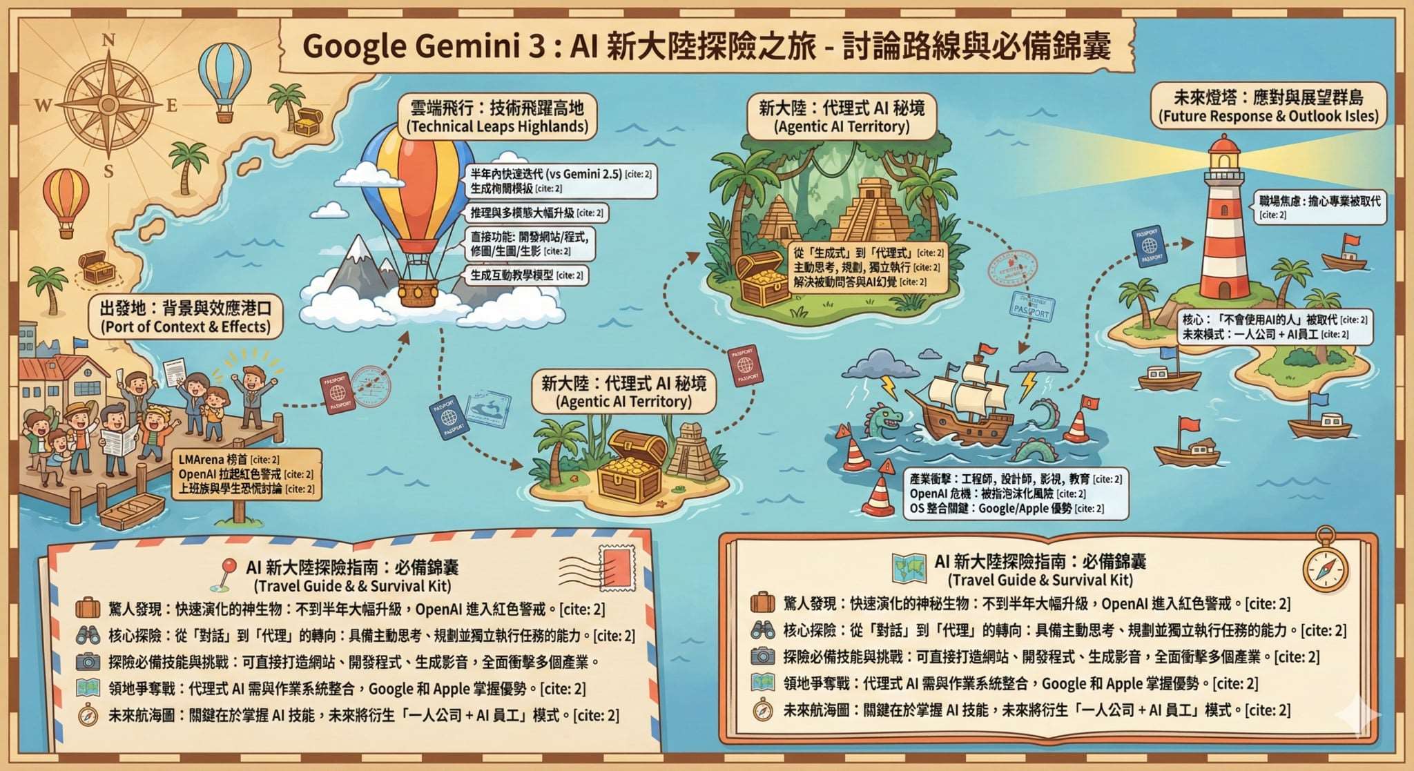Gmini 3上架，獲得大語言模型比較(LMArena)評分榜首，各項功能震撼許多產業。圖為Gmini 3各項功能生成為有趣的航海圖，畫面素質、創意與中文顯示都遠勝其他AI網站。(3C部落客林小旭提供)