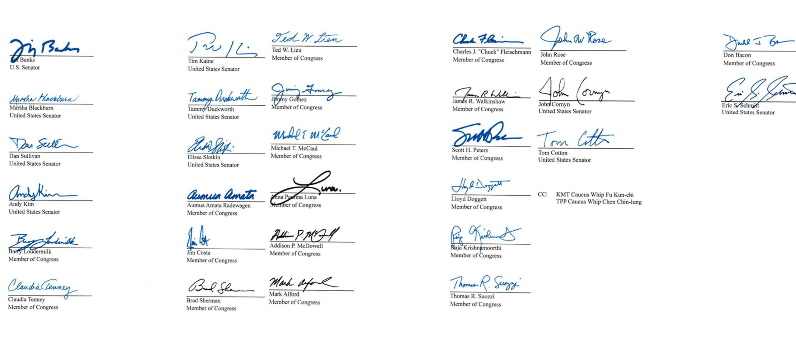 美國37名跨黨派國會議員聯名致函立法院院長以及藍白兩黨主席鄭麗文、黃國昌與民進黨黨團總召柯建銘，呼籲速通過國防特別預算。(福斯新聞)