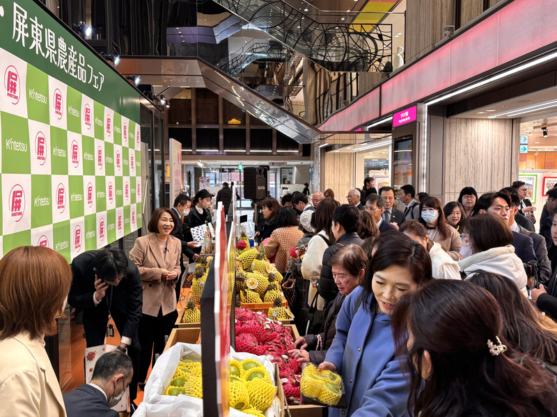 日本關西指標性通路「近鐵百貨阿倍野本店」12日舉行屏東農產品拓銷記者會，現場民眾購買踴躍。