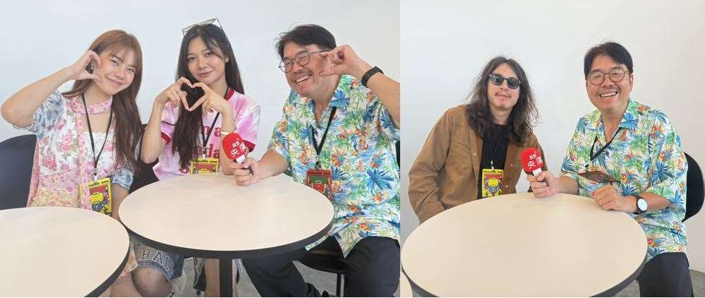 สองสาวน้ำ-เบนซ์จากวง Roseberry และหนุ่ม เจสซี่ เมฆ นักร้องหนุ่มไทย ที่บินจากไทยมาขึ้นเวทีแสดงสดที่เกาสง