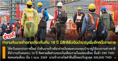 ไต้หวันประกาศบังคับนายจ้างจ่ายเงินสมทบกองทุนบำนาญให้แรงงานต่างชาติที่ทำงานกับตนครบ 10 ปี