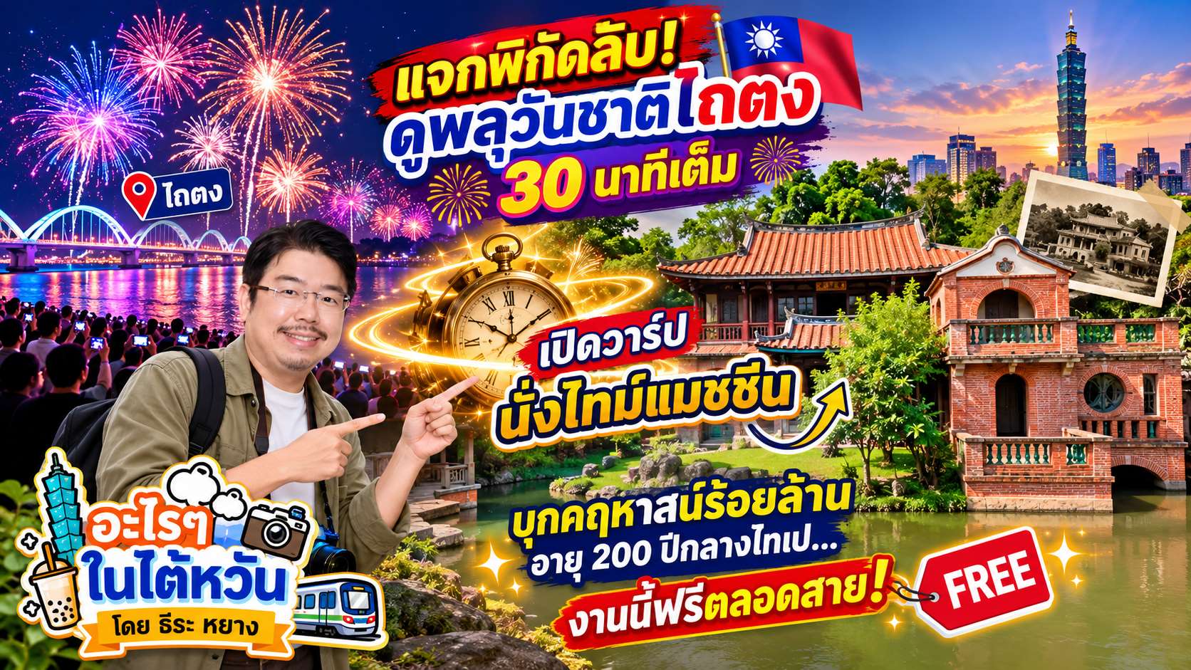 🎆 พลุวันชาติที่ไถตงยิงตั้ง 30 นาที…คอแทบเคล็ดแต่คุ้ม! 😂 ต่อด้วยนั่งไทม์แมชชีนย้อนเวลา 200 ปี ⏰ บุกคฤหาสน์ร้อยล้านกลางไทเป💸 ที่พีคที่สุดคือ…เที่ยวทั้งหมดนี้ฟรี! ธีระเลยยิ้มกว้าง เพราะกระเป๋าสตางค์ไม่ต้องเข้า ICU 🤣🤣 (ภาพจาก AI)