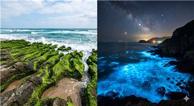 สองอันซีนไต้หวันสุดสวย ประจำเดือนเมษายน (ซ้าย) ร่องหินสีเขียวที่เหล่าเหมยของนิวไทเป กับบลูเทียร์ สุดอลังที่หมู่เกาะหมาจู่ (ขวา) 