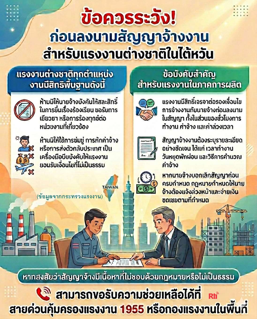 ไขปัญหาแรงงาน ข้อควรระวังในการลงนามสัญญาจ้างงานสำหรับแรงงานต่างชาติในไต้หวัน