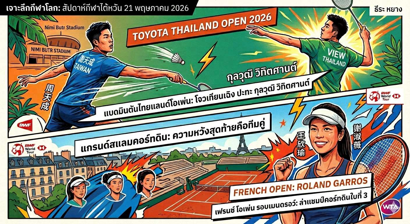 ภาพสรุปความมันส์ประจำสัปดาห์: บิ๊กแมตช์ "โจวเทียนเฉิง ปะทะ วิว กุลวุฒิ" ในศึกไทยแลนด์ โอเพ่น 2026 และทัพนักหวดเทนนิสไต้หวันนำโดย "เซียะสูเหวย" ในศึกเฟรนช์ โอเพ่น แกรนด์สแลมบนคอร์ทดิน! (ภาพจาก AI)