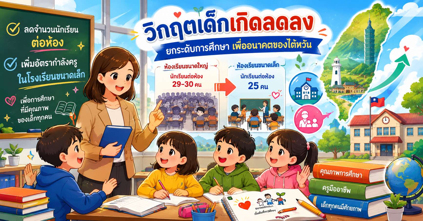 เด็กแดนชาไข่มุก - วิกฤตเด็กเกิดน้อยกับข้อเรียกร้องลดขนาดห้องเรียนในไต้หวัน (photo: AI)