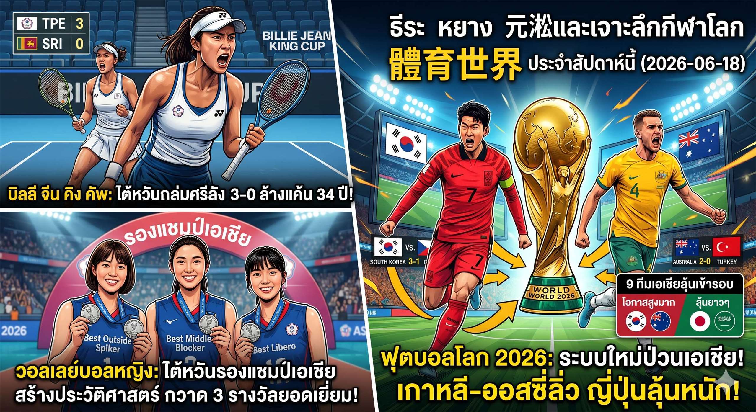 ภาพเดียวจบ ครบทุกประเด็นร้อน! รวบตึงไฮไลต์กีฬาโลกสัปดาห์นี้ ทั้งบทวิเคราะห์บอลโลก 2026 ฉบับปรับใหม่ที่เอเชียต้องลุ้นหนัก, ลูกยางสาวไต้หวันสร้างประวัติศาสตร์บนเวทีเอเชีย และศึกล้างแค้น 34 ปีของทีมนักหวดสาว! (ภาพจาก AI)