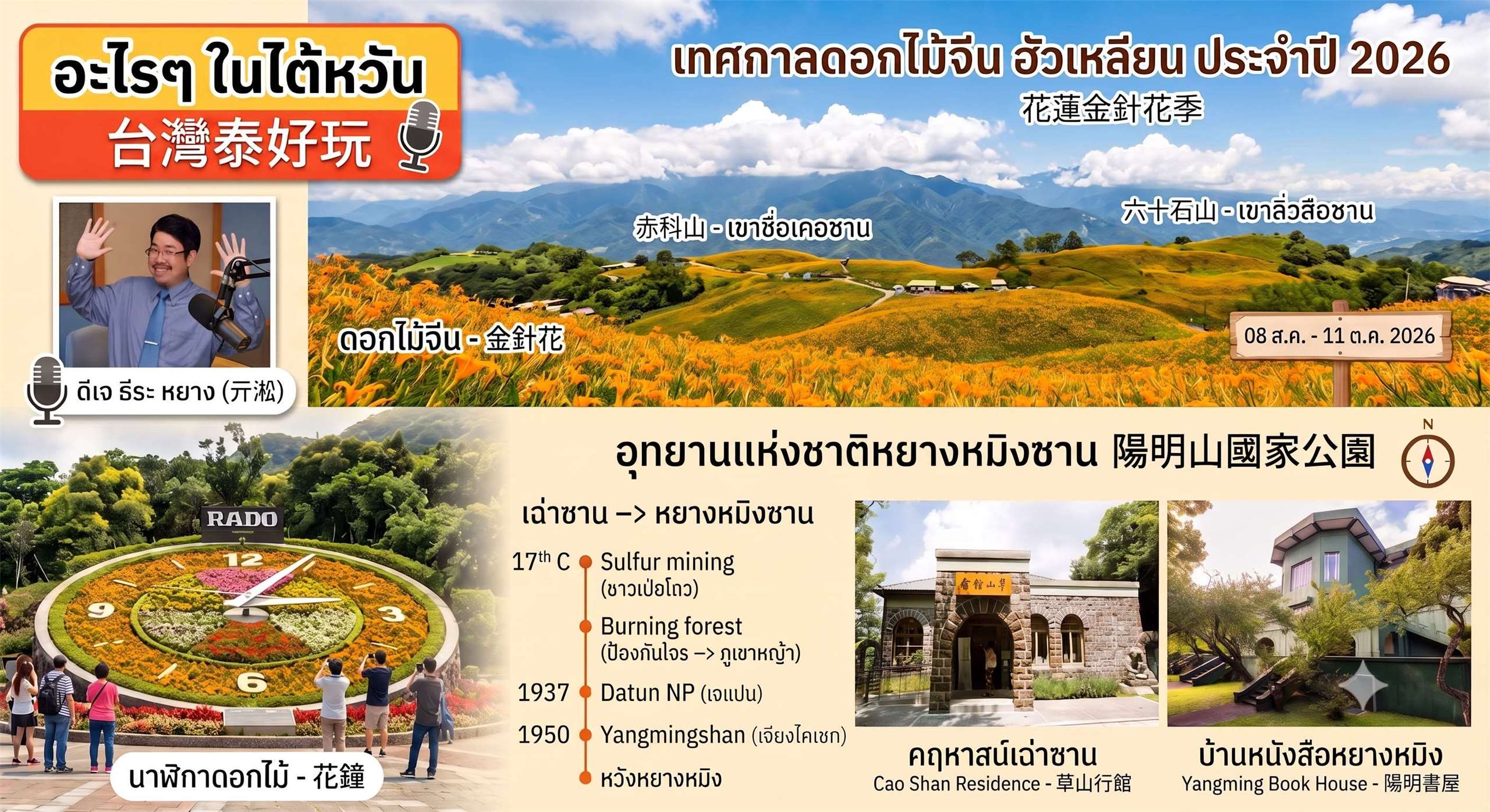 อะไรๆ ในไต้หวันสัปดาห์นี้ จะพาทุกท่านไปเที่ยวชมดอกไม้ที่ฮัวเหลียน ตามด้วยขึ้นเขาคลายร้อนที่อุทยานแห่งชาติหยางหมิงซาน (ภาพจาก AI)