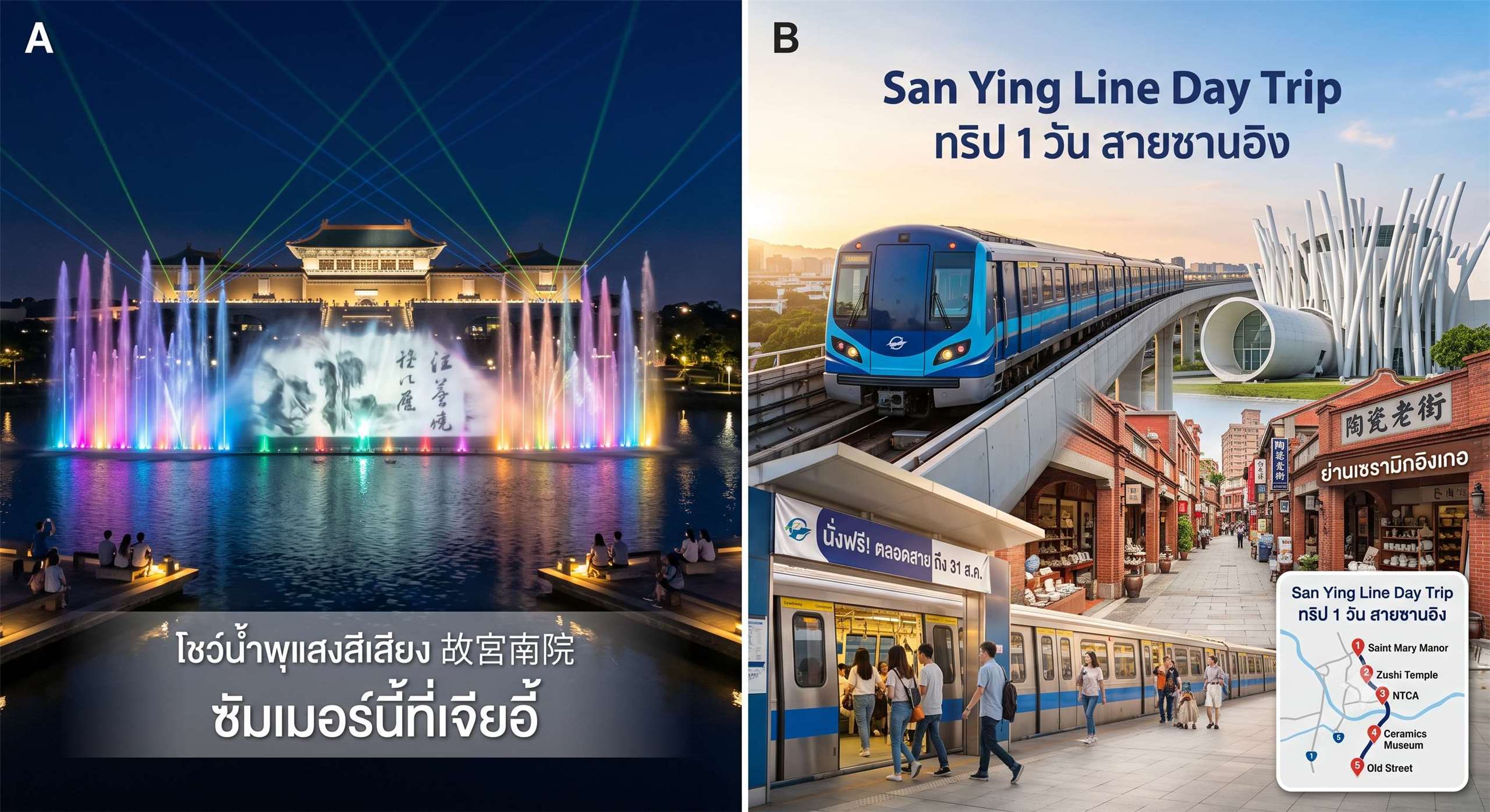 ซัมเมอร์นี้อย่าลืมไปดูน้ำพุเต้นระบำที่พิพิธภัณฑ์กู้กงภาคใต้ /แวะนั่งรถไฟฟ้าเปิดใหม่สายซานอิงที่เปิดให้นั่งฟรีถึงสิ้นเดือนสิงหาคมนี้ (ภาพจาก AI)