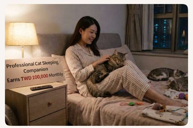 อาชีพเกิดใหม่ที่กำลังมาแรง เช่น “นอนเป็นเพื่อนแมว” (貓咪陪睡員) ช่วงไฮซีซั่นอาจมีรายได้กว่า 100,000 เหรียญไต้หวันต่อเดือน(ภาพ:AI)