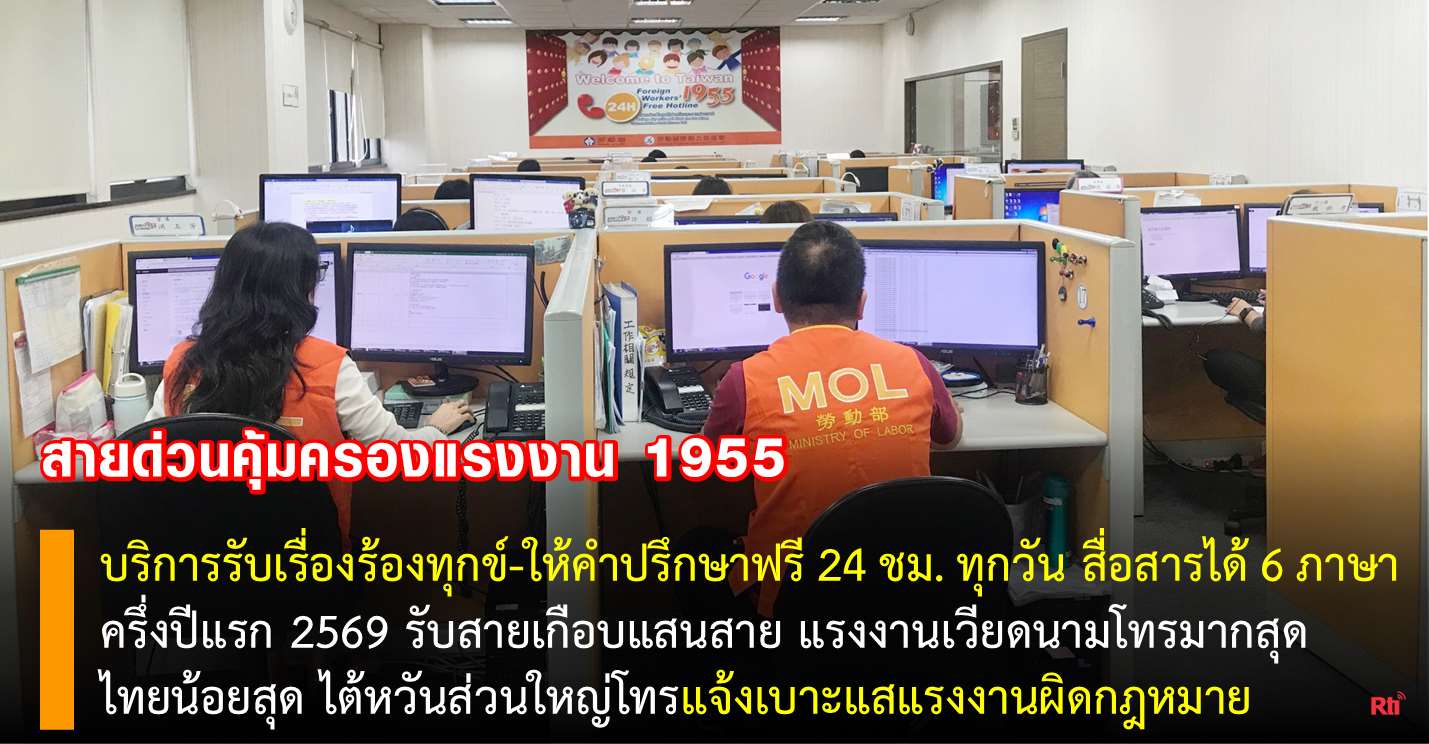 สายด่วนคุ้มครองแรงงาน 1955 เผยสถิติครึ่งปีแรก 2569 รับสายเกือบแสน แรงงานเวียดนามใช้บริการมากที่สุด ขณะที่คนไต้หวันส่วนใหญ่แจ้งเบาะแสแรงงานผิดกฎหมาย