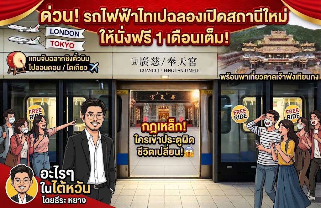 รถไฟฟ้าไทเปจัดโปรพิเศษจับฉลากตั๋วเครื่องบินฉลองเปิดสถานีใหม่ พร้อมพาสายมูเที่ยวศาลเจ้าฟ่งเทียนกง (ภาพจาก AI)