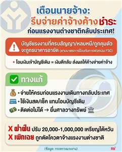 เตือนนายจ้างเร่งจ่ายค่าจ้างค้างชำระก่อนแรงงานต่างชาติเดินทางกลับประเทศ เสี่ยงถูกปรับและเพิกถอนโควตาจ้างงาน