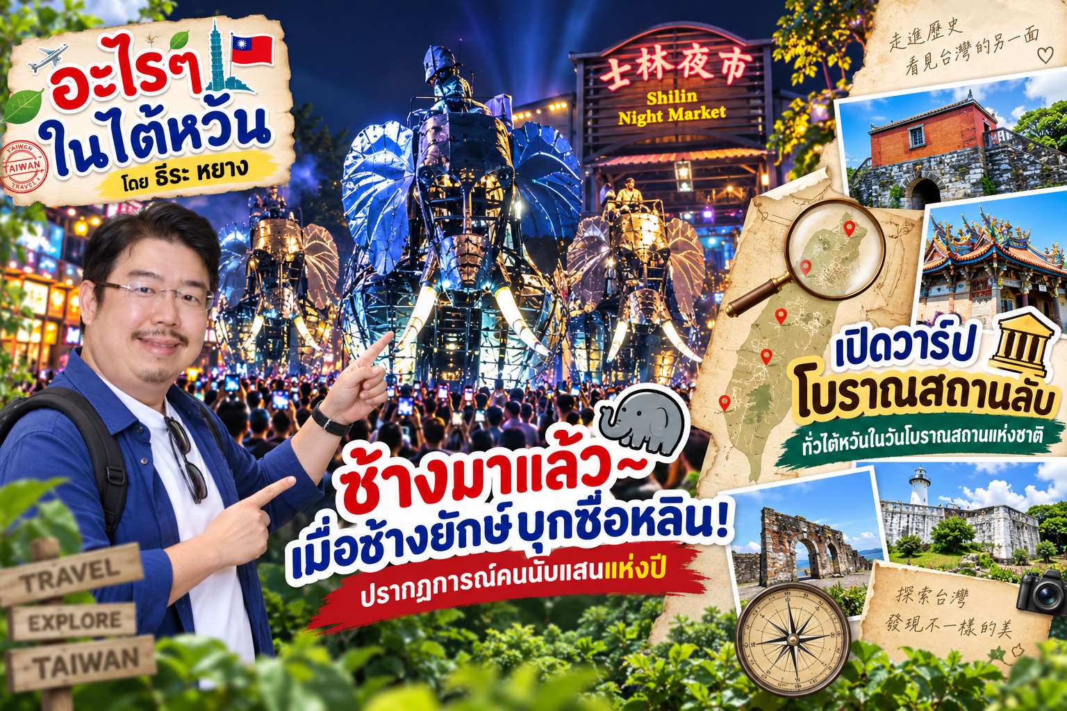 อะไรๆ ในไต้หวันสัปดาห์นี้ ธีระ หยางพาไปดูปรากฏการณ์ช้างมาแล้วในไทเป ตามด้วยไปเที่ยวชมโบราณสถานลึกลับในวันโบราณสถานแห่งชาติของไต้หวันกัน (ภาพจาก AI)
