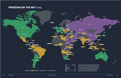 Мапа «Свобода в мережі» за 2025 рік. (Freedom House)