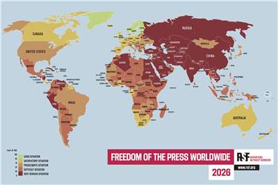 Результати Індексу свободи преси 2026. (Надано RSF)
