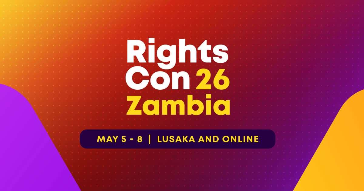 Банер міжнародного форуму з цифрових прав RightsCon 2026, який мав відбутися 5–8 травня в столиці Замбії. (Фото: Х-сторінка форуму)