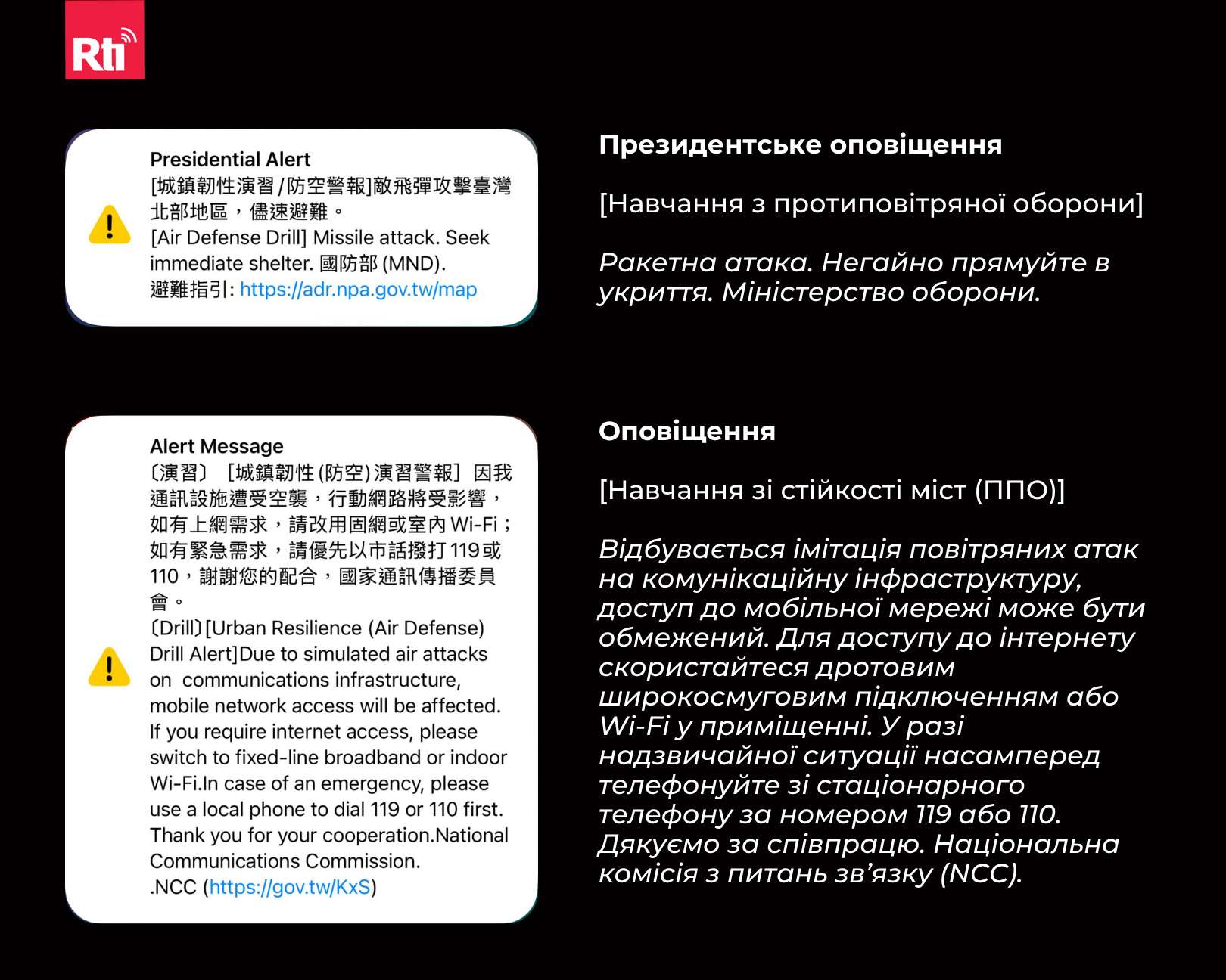 Мобільні оповіщення від Міністерства оборони та Національної комісії з питань зв’язку (NCC) від 14:30 13 серпня за місцевим часом