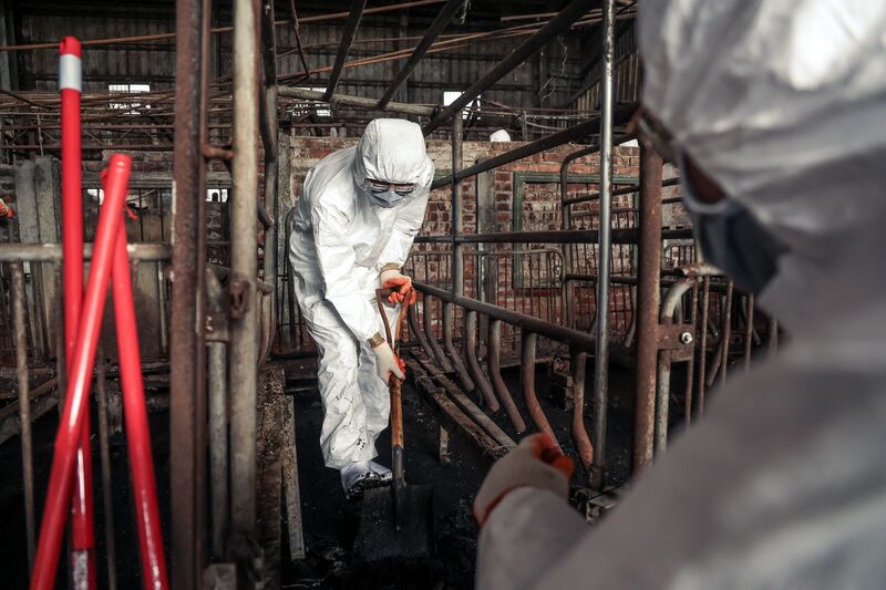 Lực lượng quân đội được điều động để hỗ trợ xử lý, làm sạch bùn đất khu vực có ca nghi nhiễm. (Ảnh: CNA)