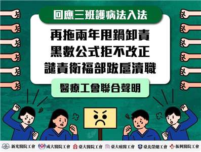 Quy định mới về tỷ lệ điều dưỡng/số lượng bệnh nhân dự kiến tháng 5 năm 2028 bắt đầu thực thi, vào ngày 9/5 công đoàn của 6 bệnh viện ra tuyên bố chung, kêu gọi Bộ Y tế và Phúc lợi phải tiến hành thương lượng bình đẳng  (Ảnh: FB@NTUHUnion)