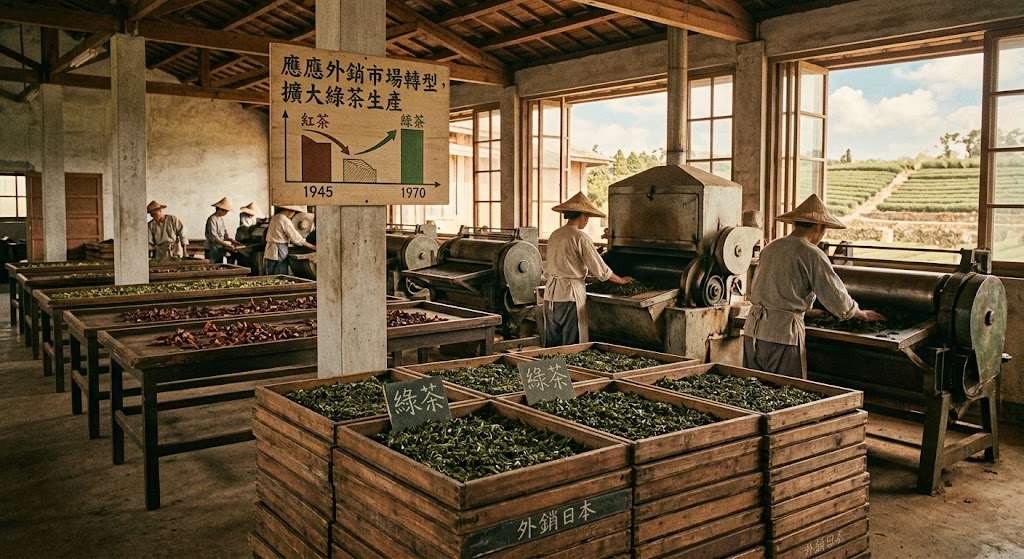 Từ sau năm 1945 ngành trà Đài Loan bắt đầu chuyển đổi cơ cấu, tỷ trọng hồng trà giảm mạnh và thay vào đó trà xanh tăng cao để ứng phó với sự biến đổi của thị trường quốc tế (Ảnh: AI)