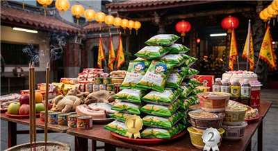 Ngoài một số món lễ vật truyền thống, các loại thực phẩm chế biến và đồ uống đóng chai, đồ hộp từ lâu đã trở thành các món đồ cúng rất phổ biến của Đài Loan trong Lễ Phổ độ Trung Nguyên  (Ảnh: AI)